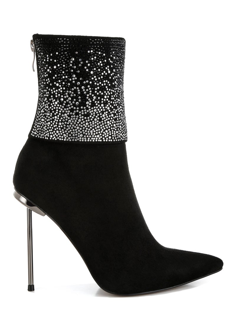 Rhinestones Embellished Fold Over Boots in Black