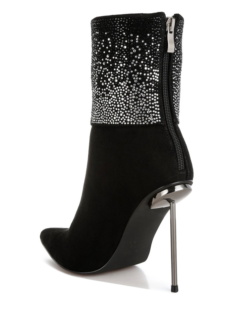 Rhinestones Embellished Fold Over Boots in Black