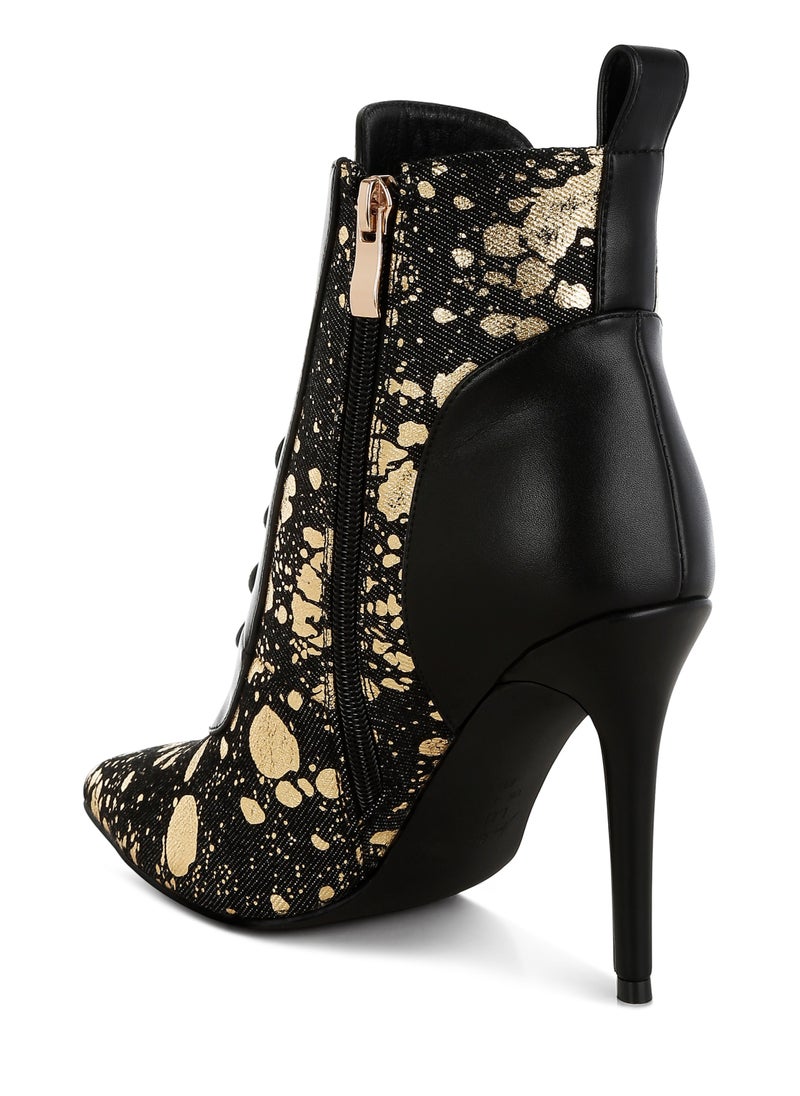 Black Abstract Pattern Lace-Up Ankle Boots