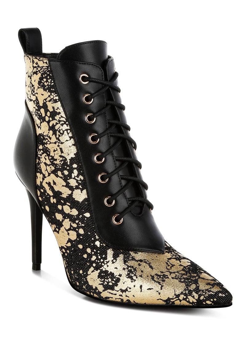 Black Abstract Pattern Lace-Up Ankle Boots