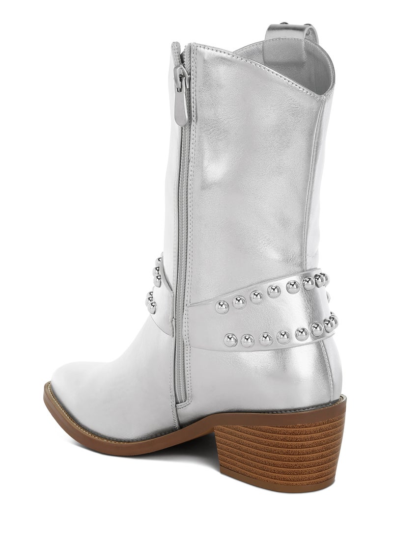 Studded Harness Detail Boots in Silver