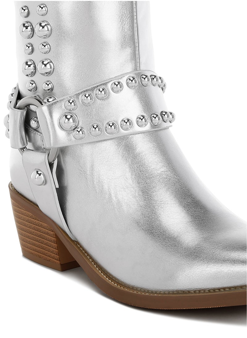 Studded Harness Detail Boots in Silver