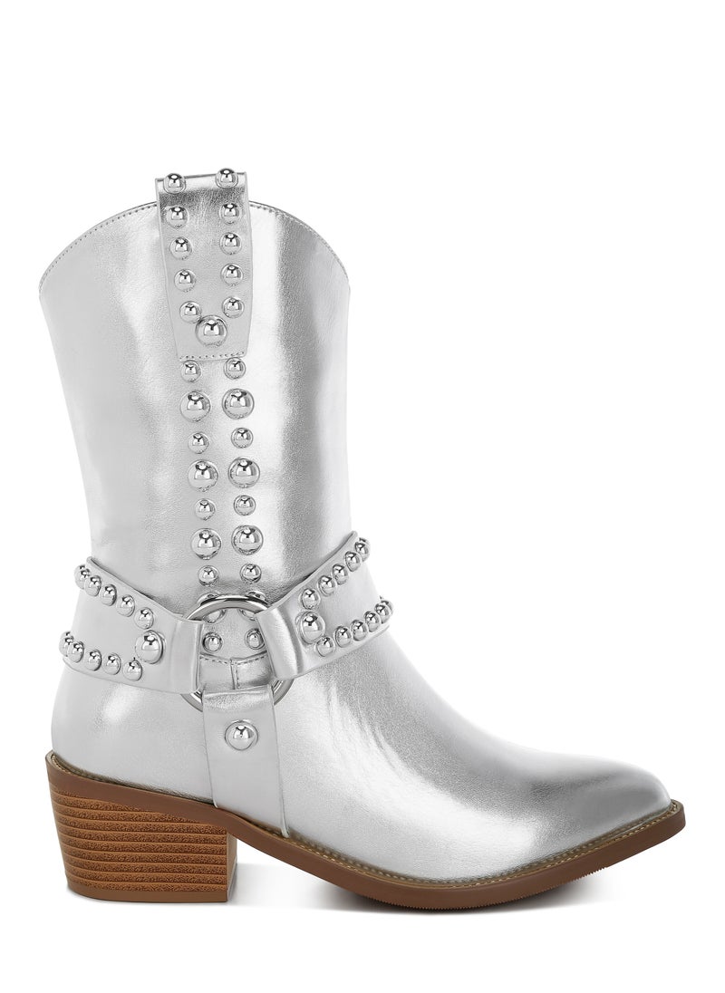 Studded Harness Detail Boots in Silver