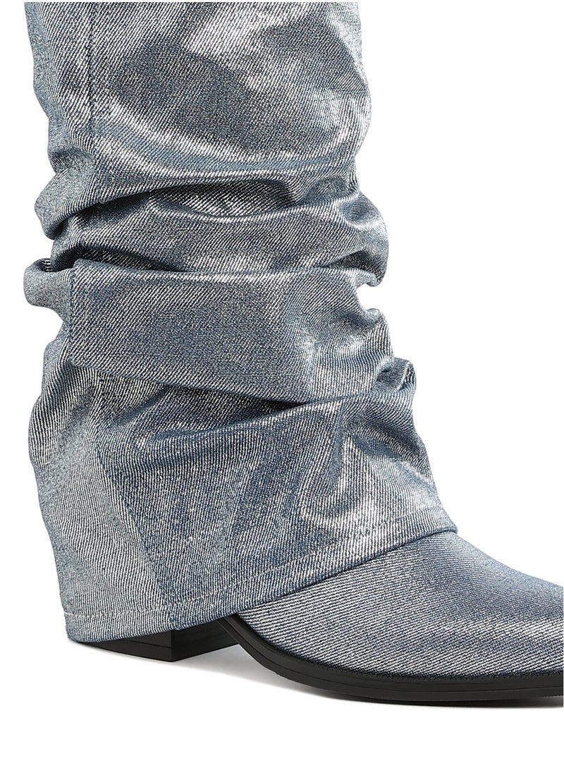 Fold-Over Slouchy Denim Boot in Blue