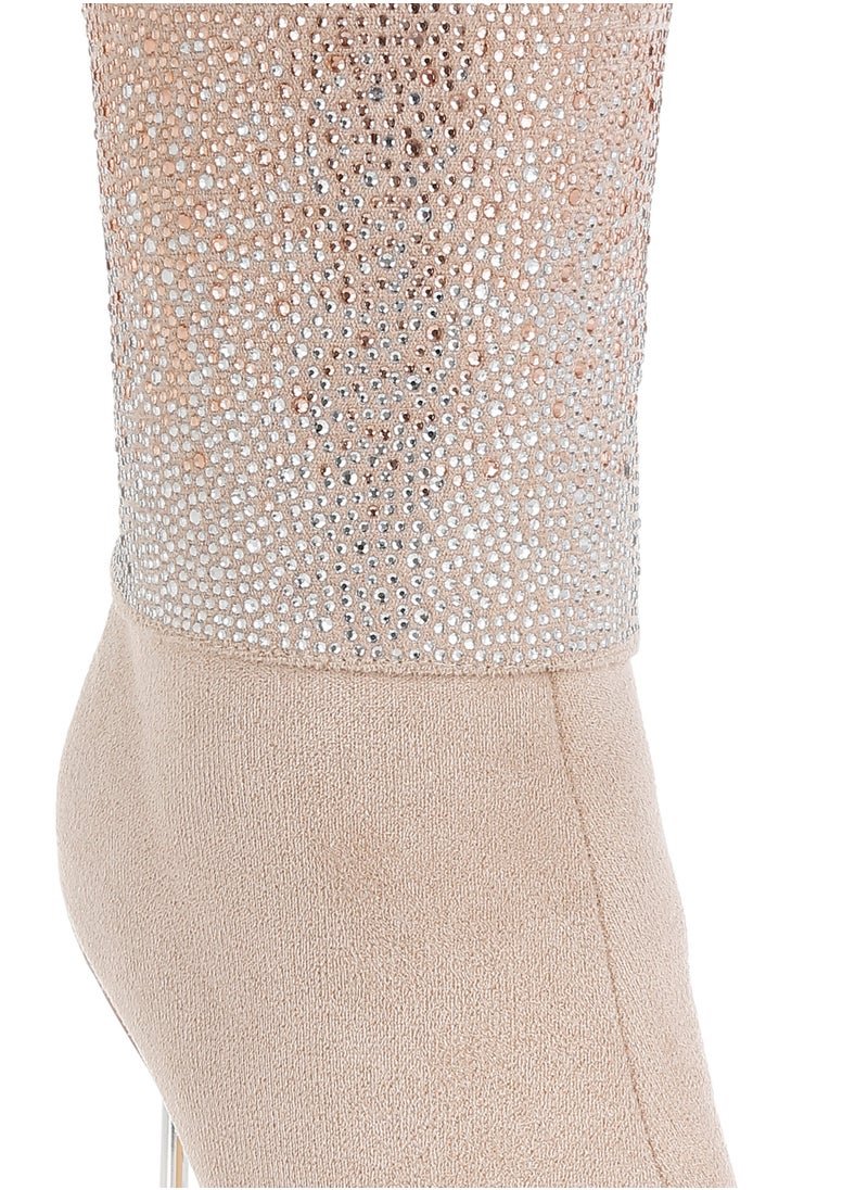 Rhinestones Embellished Fold Over Boots in Beige