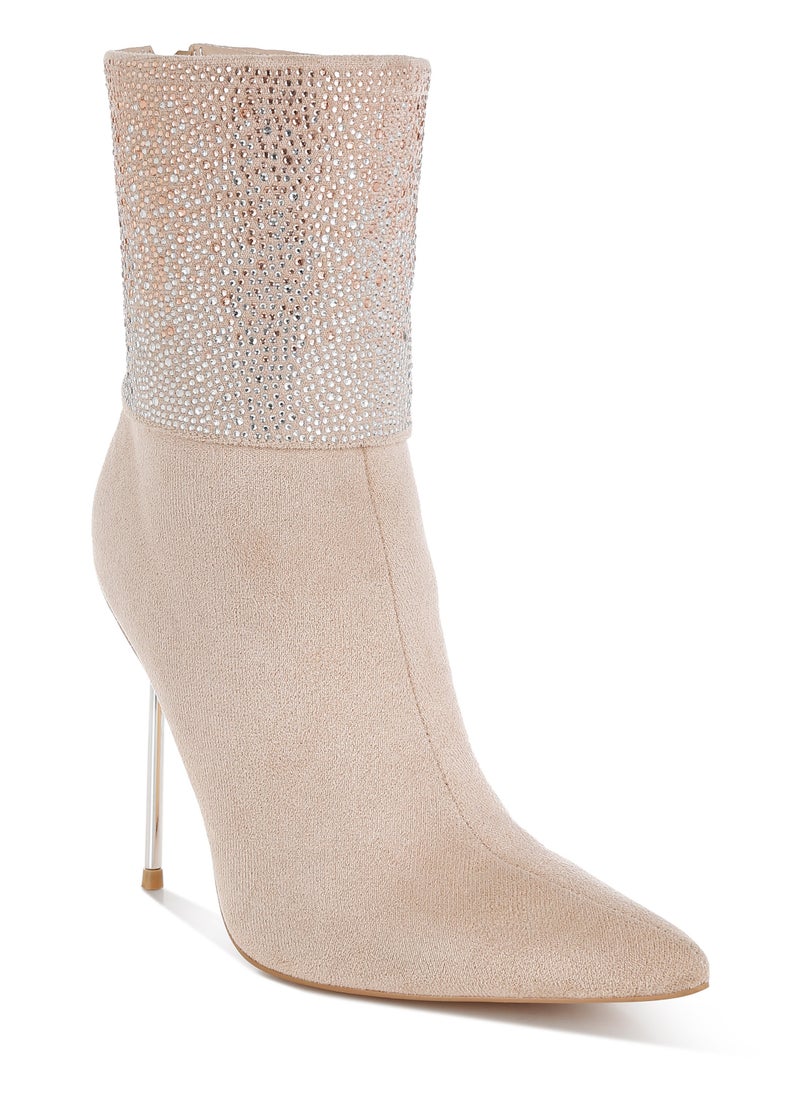 Rhinestones Embellished Fold Over Boots in Beige