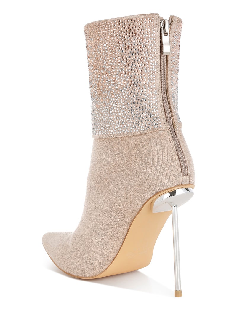 Rhinestones Embellished Fold Over Boots in Beige