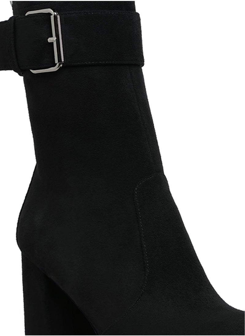 Flared Block Heel Mid-Calf Boots in Black