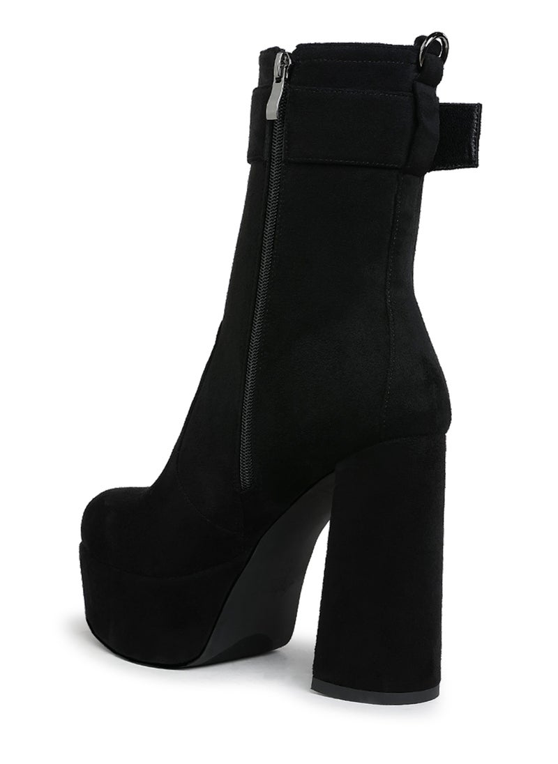 Flared Block Heel Mid-Calf Boots in Black