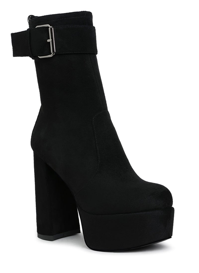 Flared Block Heel Mid-Calf Boots in Black