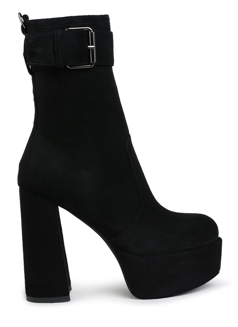 Flared Block Heel Mid-Calf Boots in Black