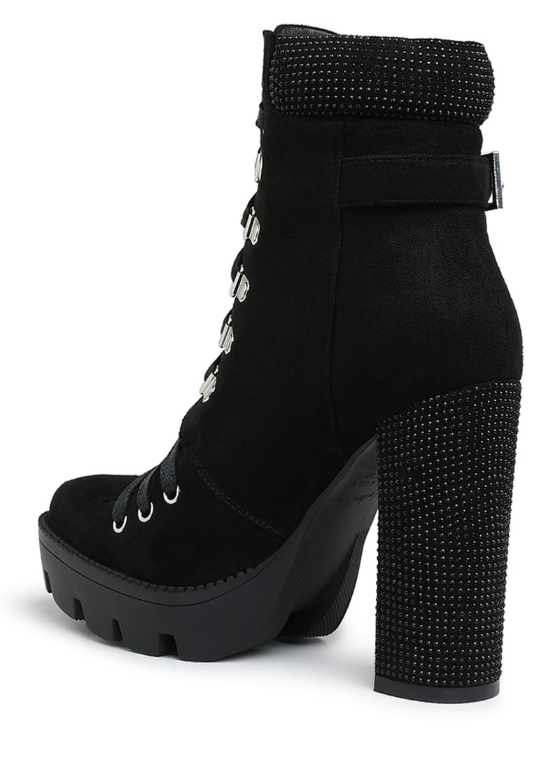 Black Diamante Set Block Heeled Ankle Boot