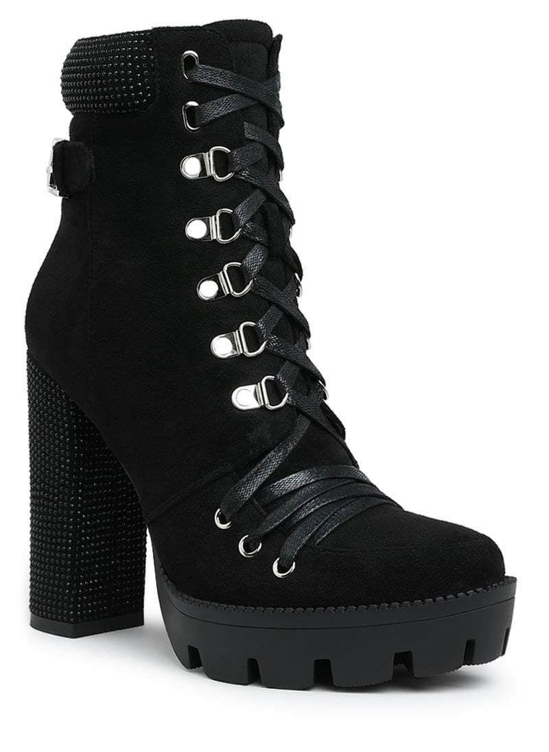 Black Diamante Set Block Heeled Ankle Boot