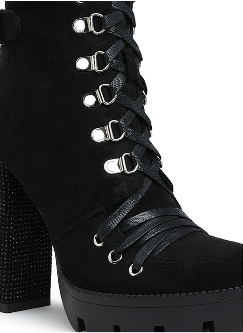 Black Diamante Set Block Heeled Ankle Boot