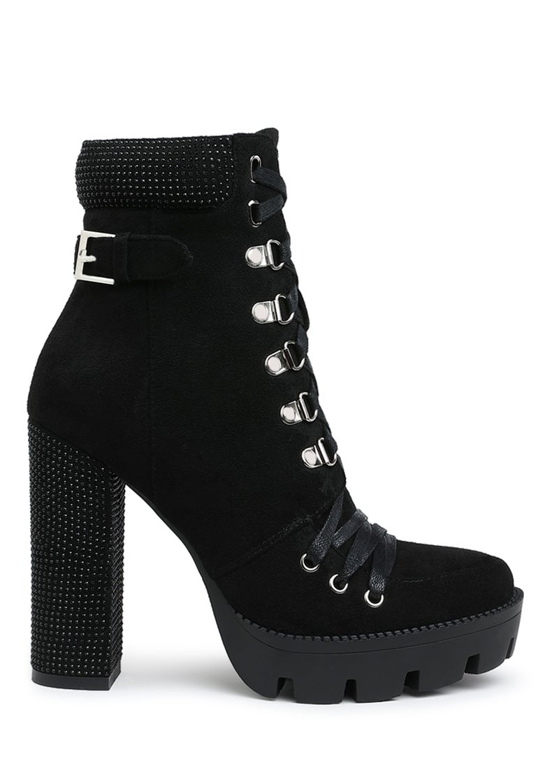 Black Diamante Set Block Heeled Ankle Boot