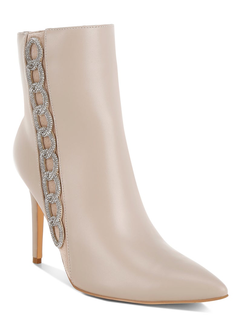 Rhinestones Chain Detail Boots in Beige