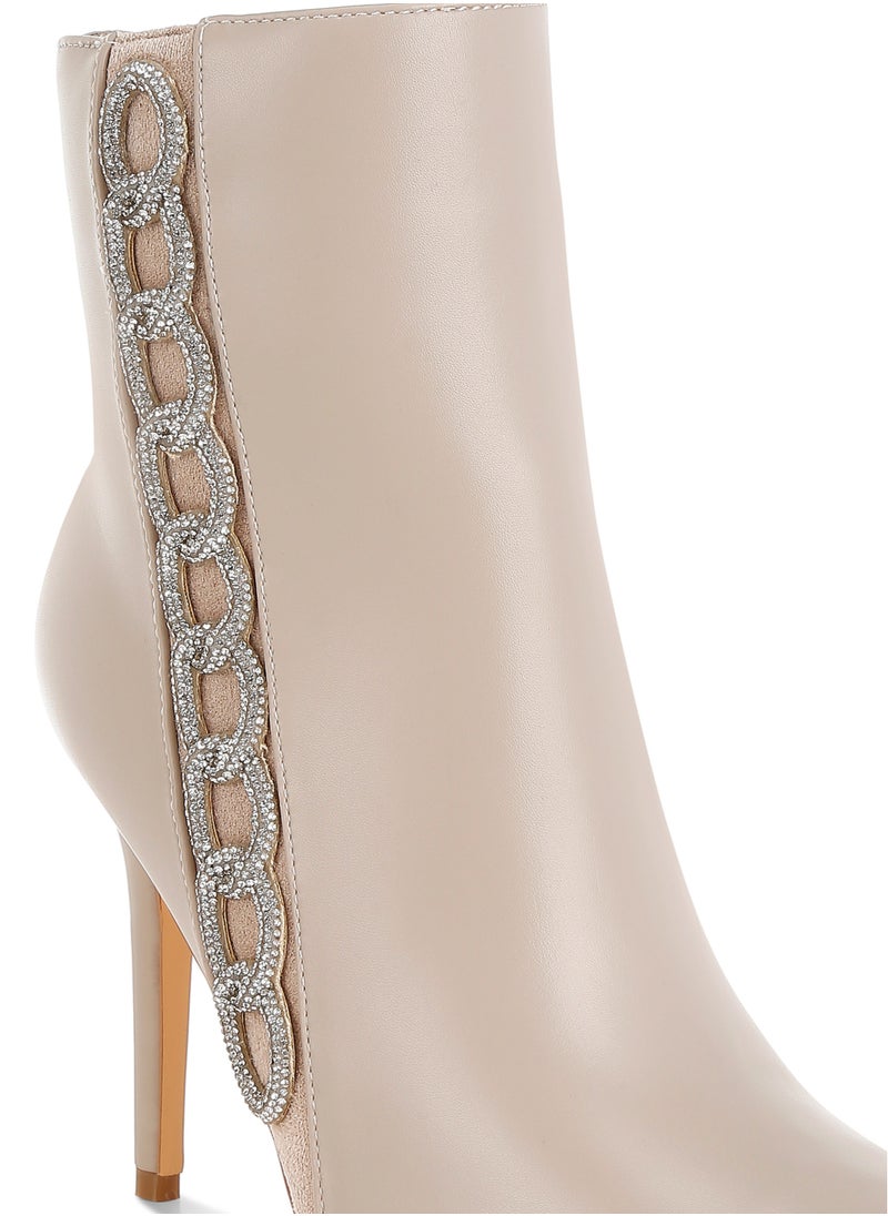 Rhinestones Chain Detail Boots in Beige