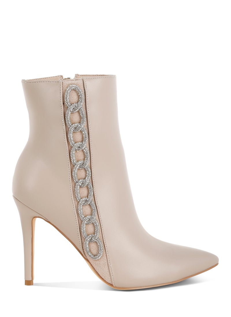 Rhinestones Chain Detail Boots in Beige