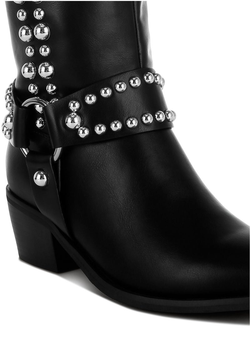 Studded Harness Detail Boots in Black