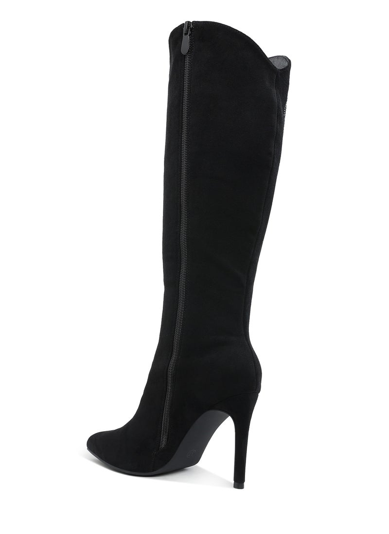 Rhinestone Patterned Calf Boots in Black