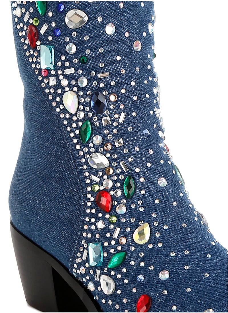 Multi Color Stones Embellished Boots in Dark Blue