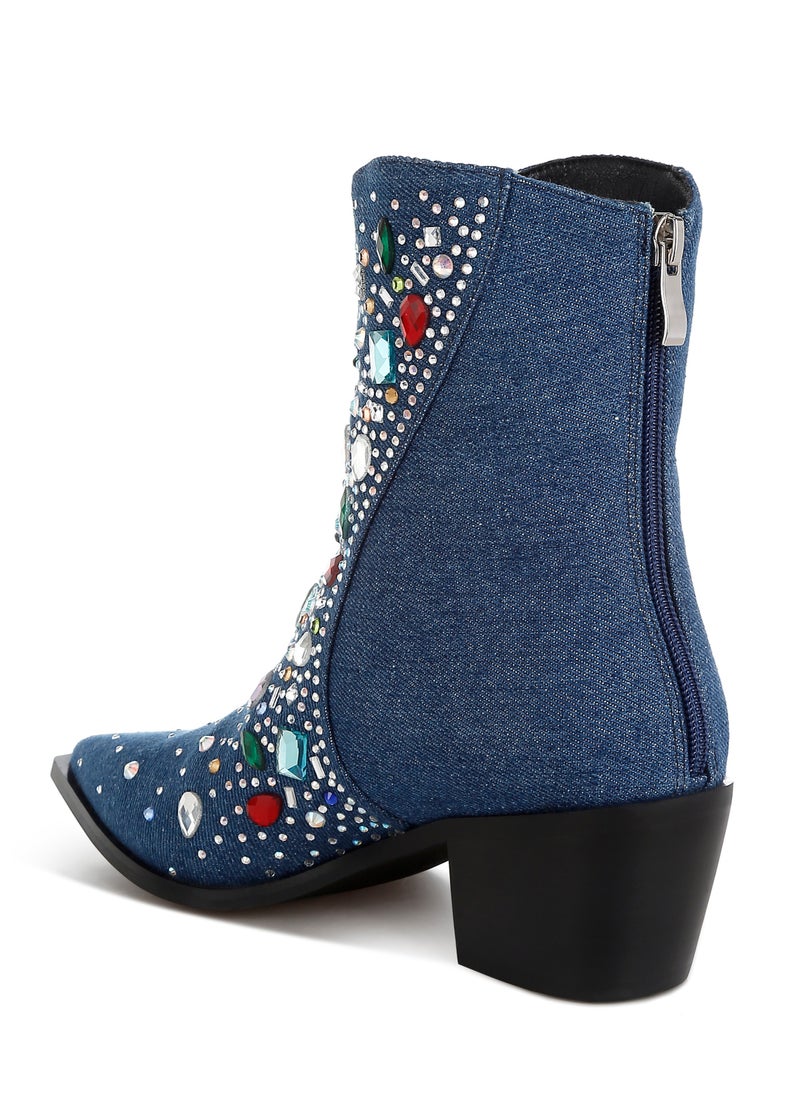 Multi Color Stones Embellished Boots in Dark Blue