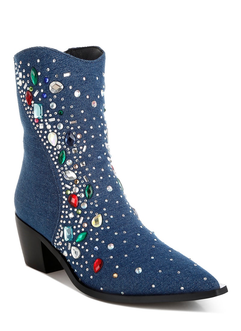 Multi Color Stones Embellished Boots in Dark Blue