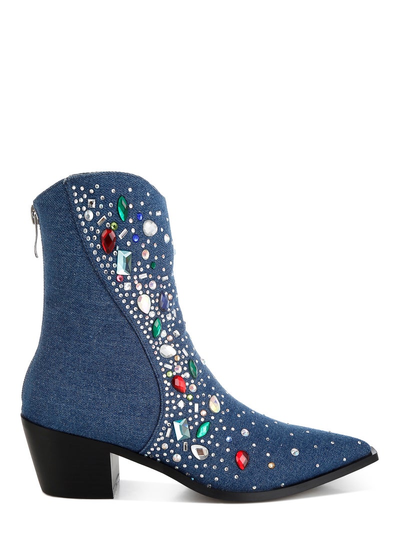 Multi Color Stones Embellished Boots in Dark Blue