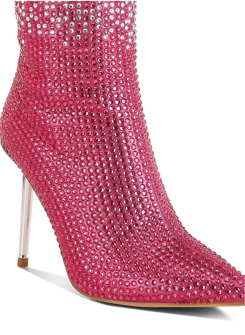 Shiny Rhinestone Studded Calf Boots in Pink