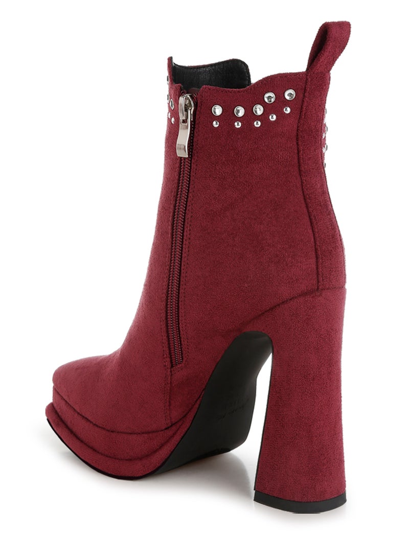 Studs Embellished High Ankle Boots in Burgundy