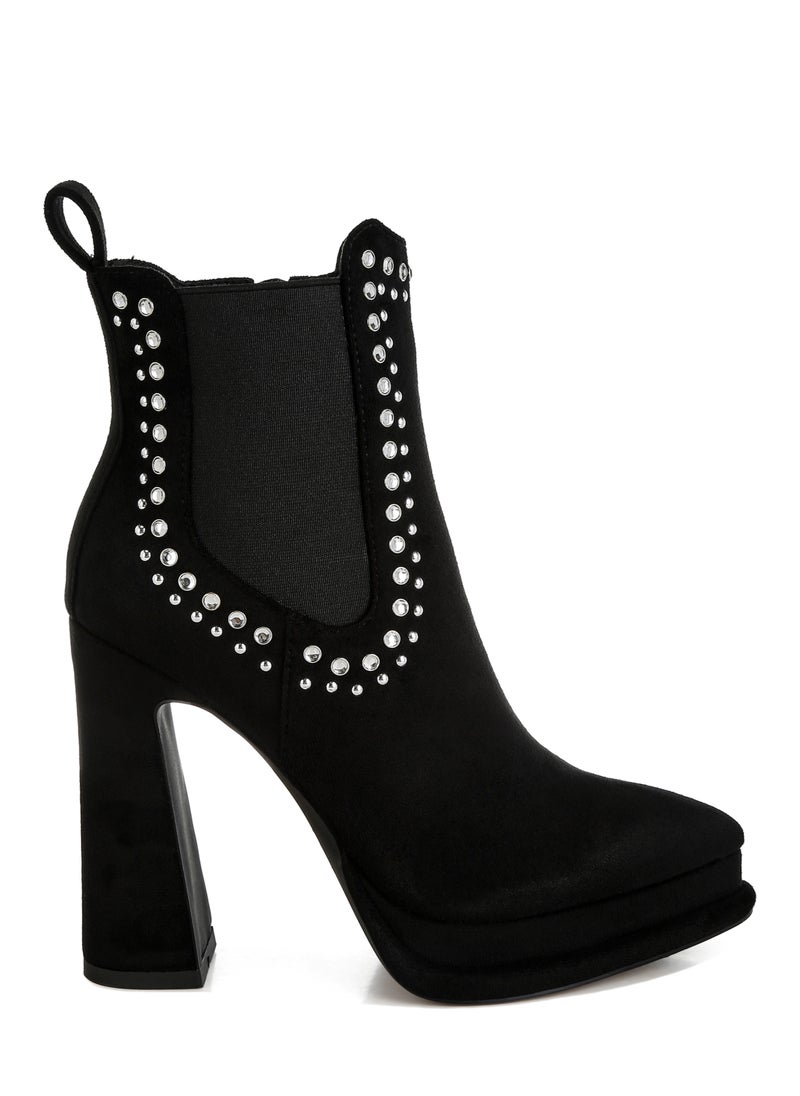 Studs Embellished High Ankle Boots in Black