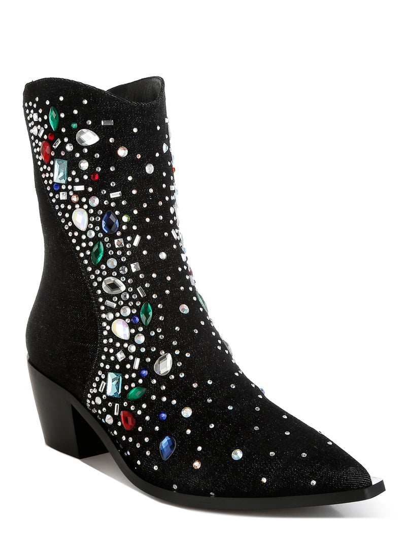 Multi Color Stones Embellished Boots in Black