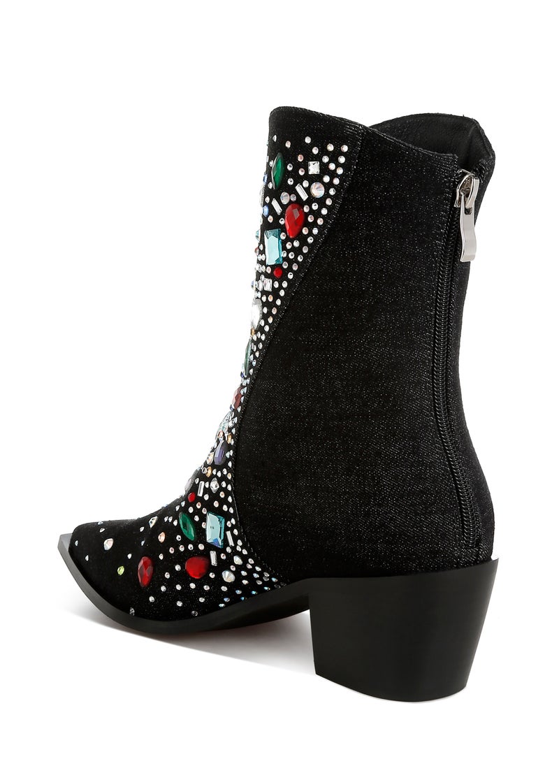 Multi Color Stones Embellished Boots in Black