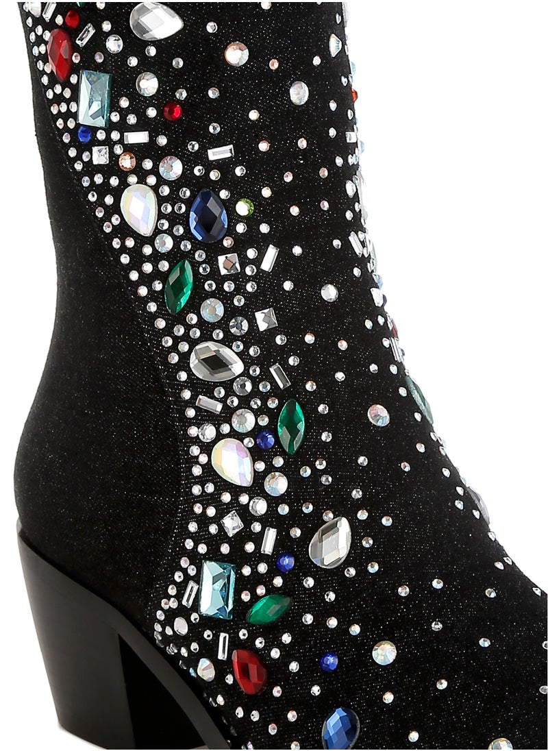 Multi Color Stones Embellished Boots in Black