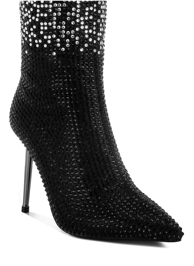 Shiny Rhinestone Studded Calf Boots in Black