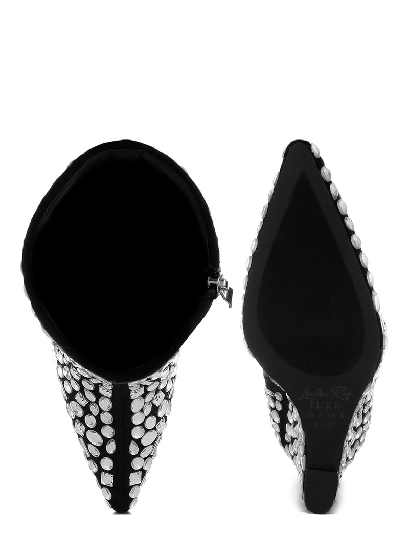 Diamante Slim Wedge Heel Boots in Black