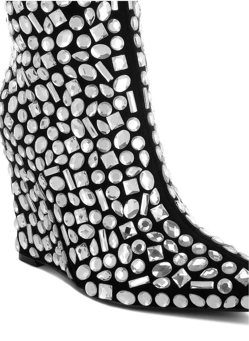 Diamante Slim Wedge Heel Boots in Black