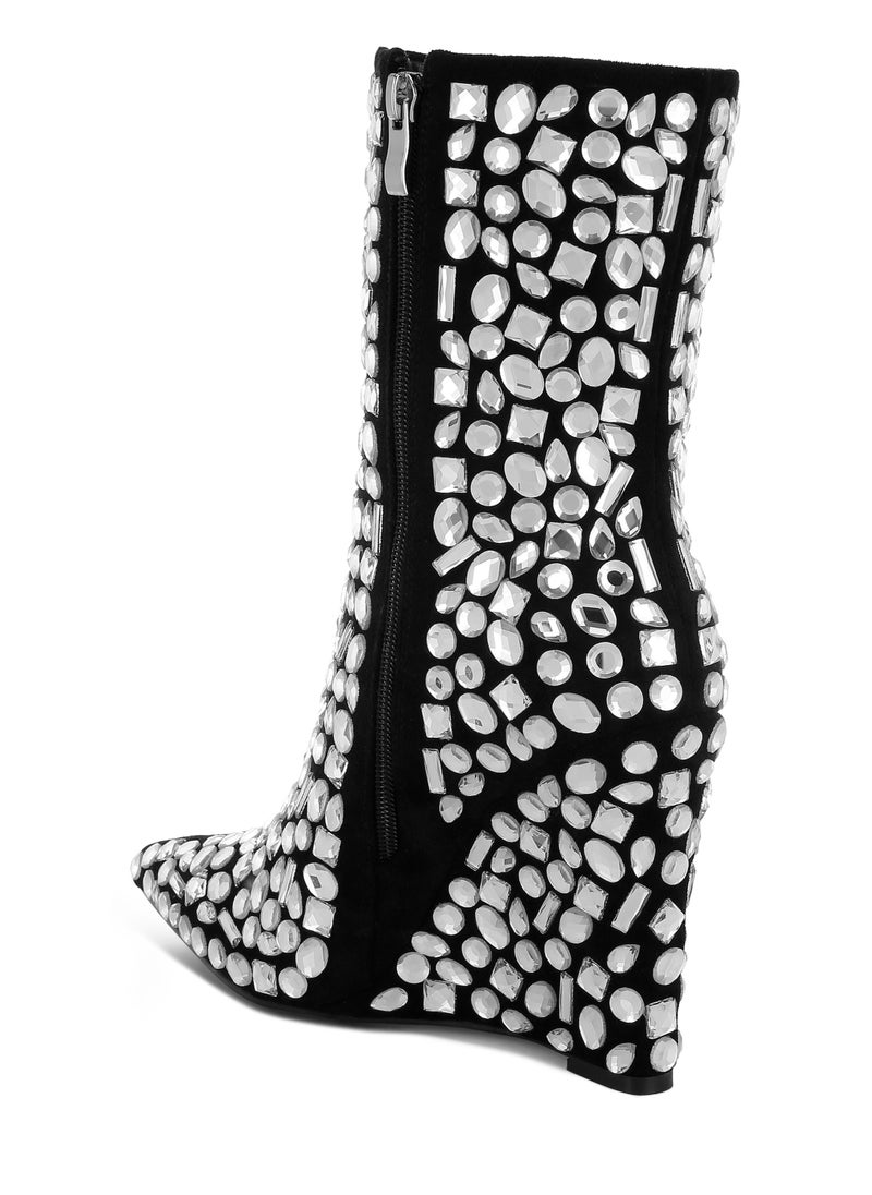Diamante Slim Wedge Heel Boots in Black