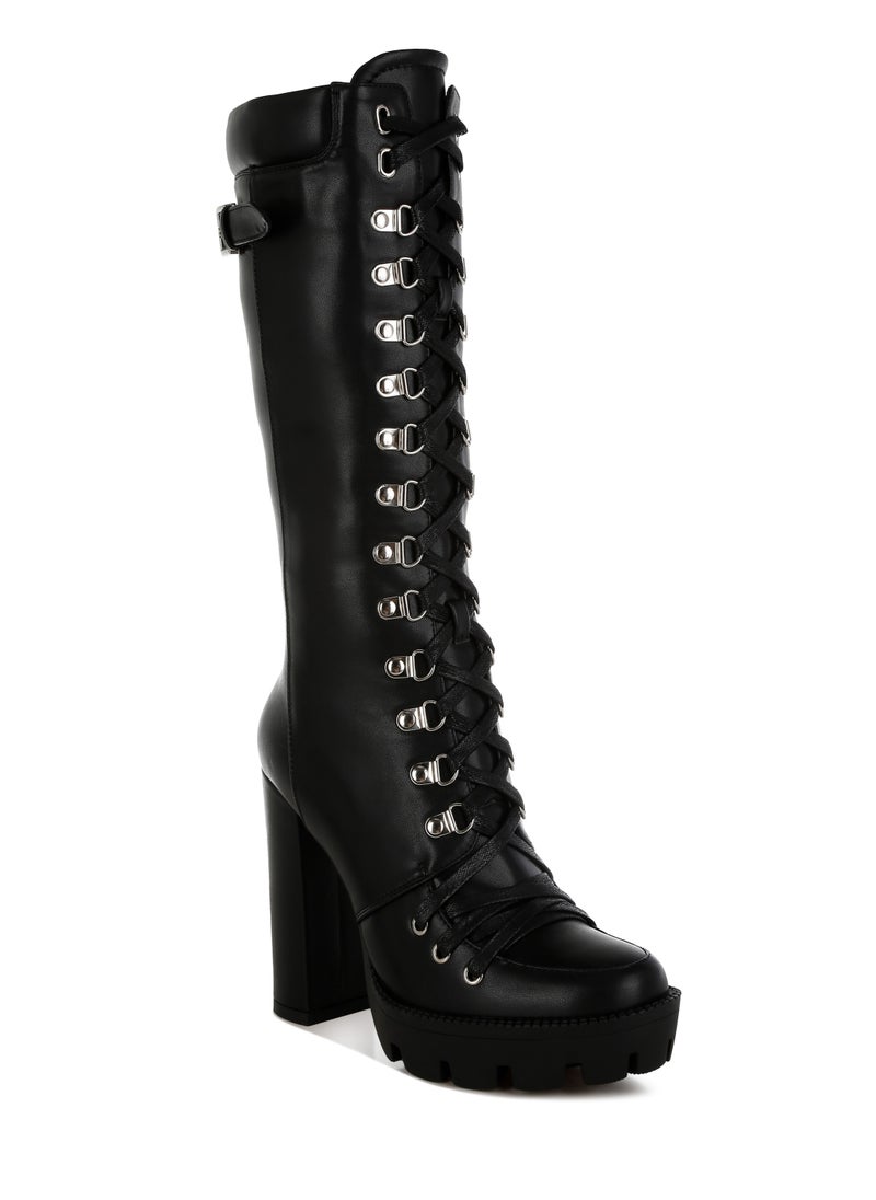 Black Cushion Collared Lace Up Boots