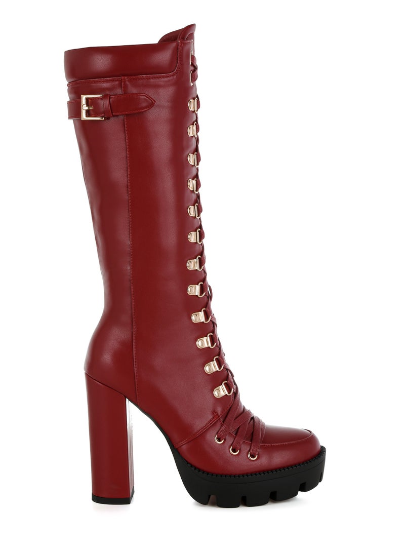 Burgundy Cushion Collared Lace Up Boots