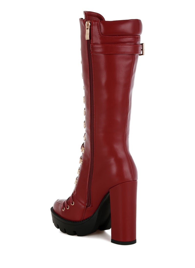 Burgundy Cushion Collared Lace Up Boots