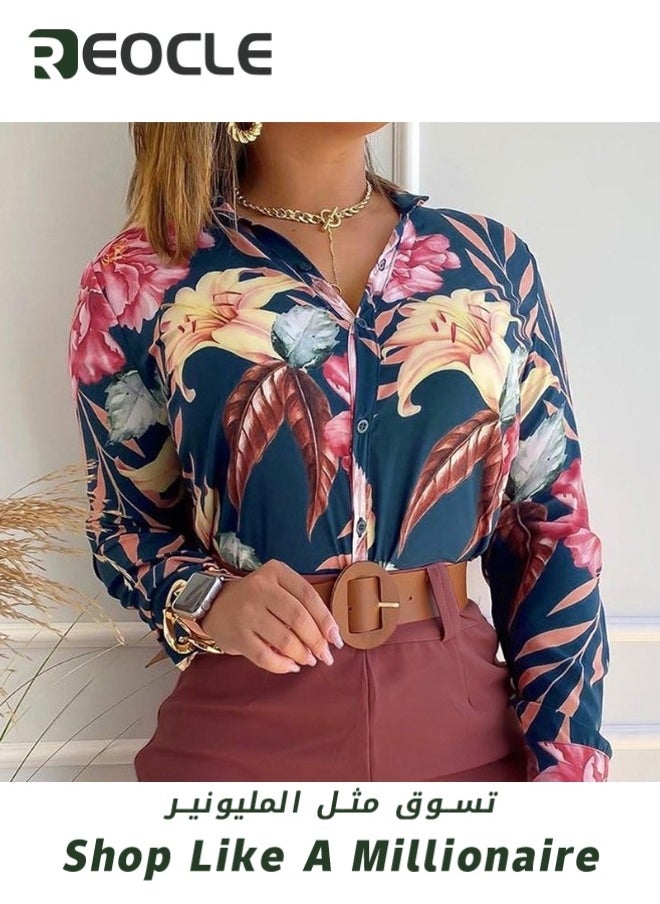 Women's Shirts Dressy Blouses Casual Long Sleeve Shirt Floral Print Tops Loose Collar Lightweight Blouse