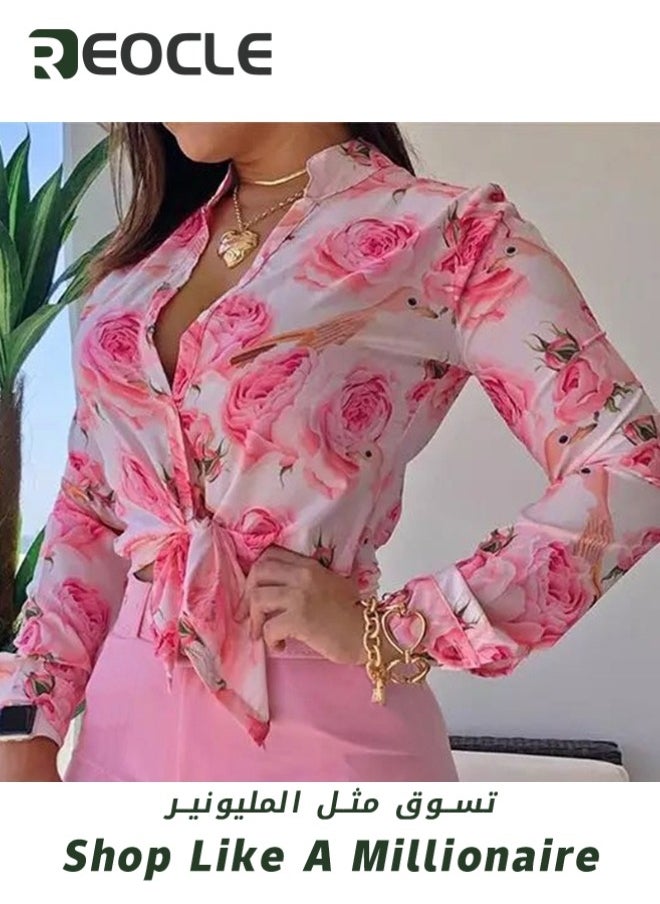 Women's Shirts Dressy Blouses Casual Long Sleeve Shirt Floral Print Tops Loose Collar Lightweight Blouse