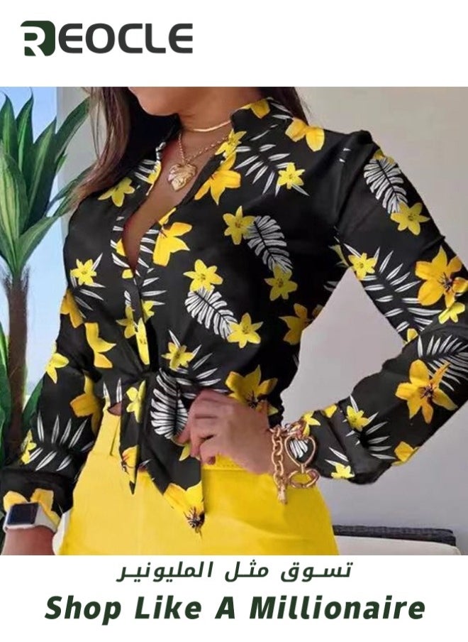 Women's Shirts Dressy Blouses Casual Long Sleeve Shirt Floral Print Tops Loose Collar Lightweight Blouse