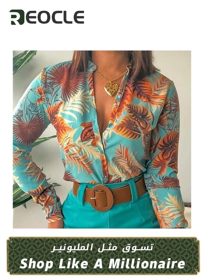 Women's Shirts Dressy Blouses Casual Long Sleeve Shirt Floral Print Tops Loose Collar Lightweight Blouse