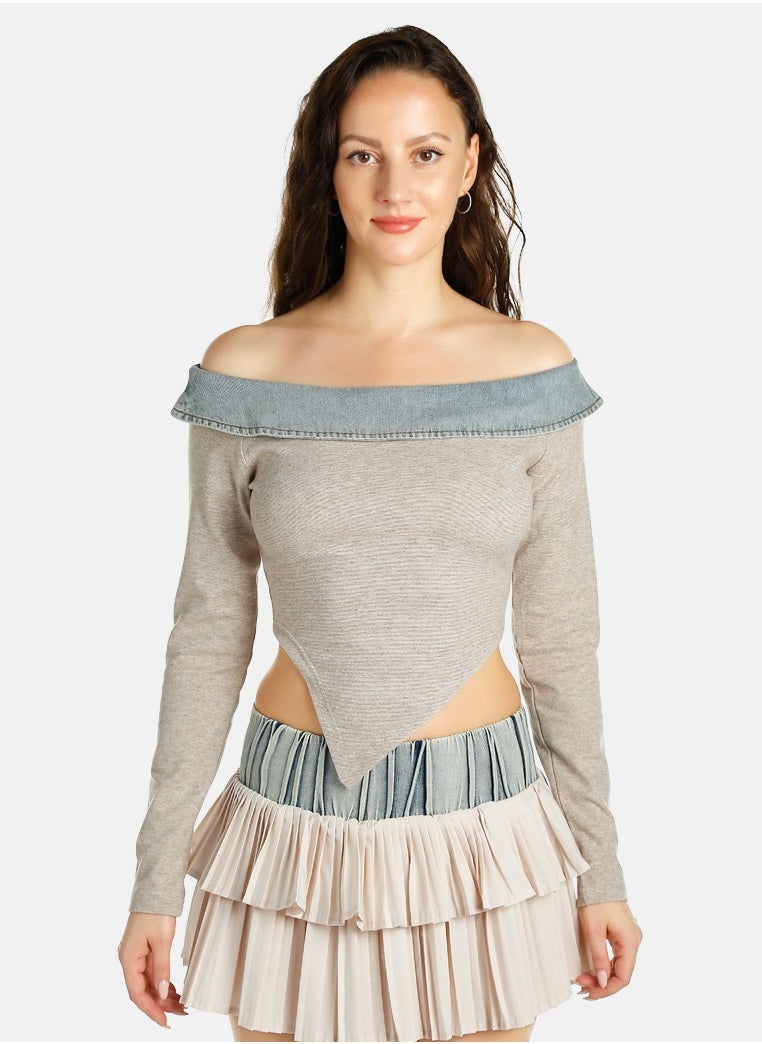 Off Shoulder Denim Paneling Top