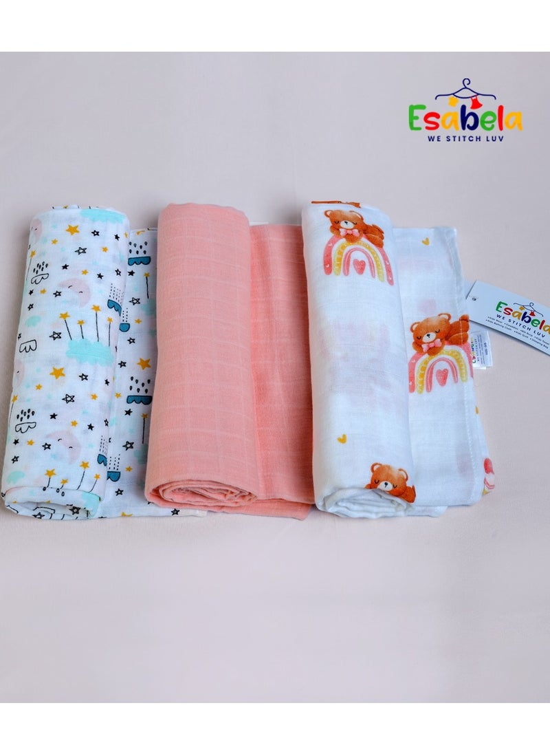 Baby Swaddle Set 3-Pieces Baby Cover, Soft & Breathable Baby Cloth, Perfect for Sleep & Cuddles, Multi-function Baby Blanket for Age 0+ months - Pink Teddy/Cloud & Star/Peach Solid Collection