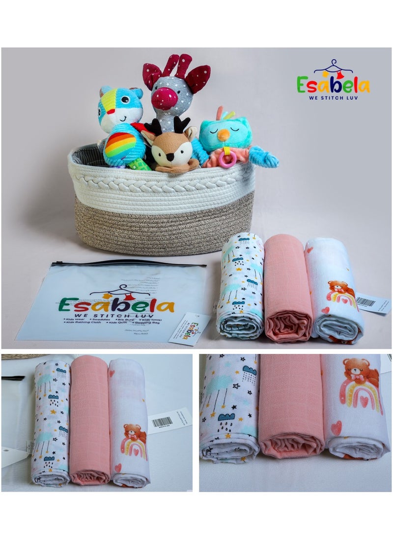 Baby Swaddle Set 3-Pieces Baby Cover, Soft & Breathable Baby Cloth, Perfect for Sleep & Cuddles, Multi-function Baby Blanket for Age 0+ months - Pink Teddy/Cloud & Star/Peach Solid Collection