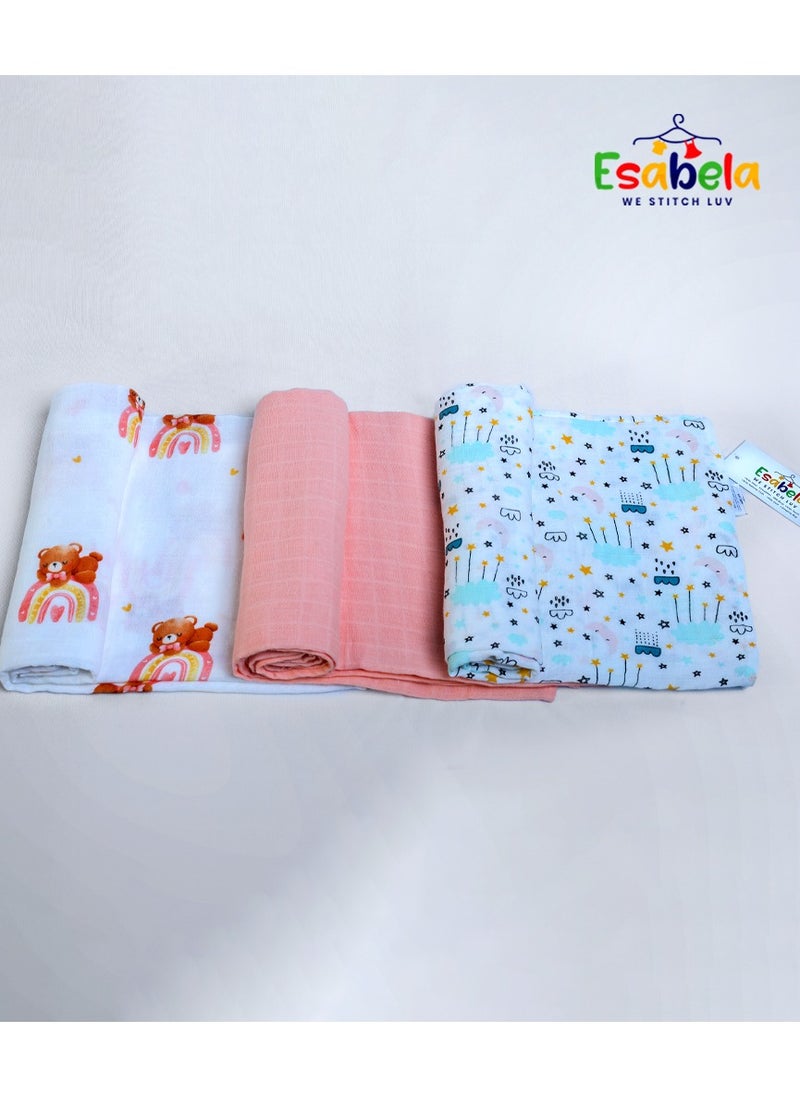 Baby Swaddle Set 3-Pieces Baby Cover, Soft & Breathable Baby Cloth, Perfect for Sleep & Cuddles, Multi-function Baby Blanket for Age 0+ months - Pink Teddy/Cloud & Star/Peach Solid Collection