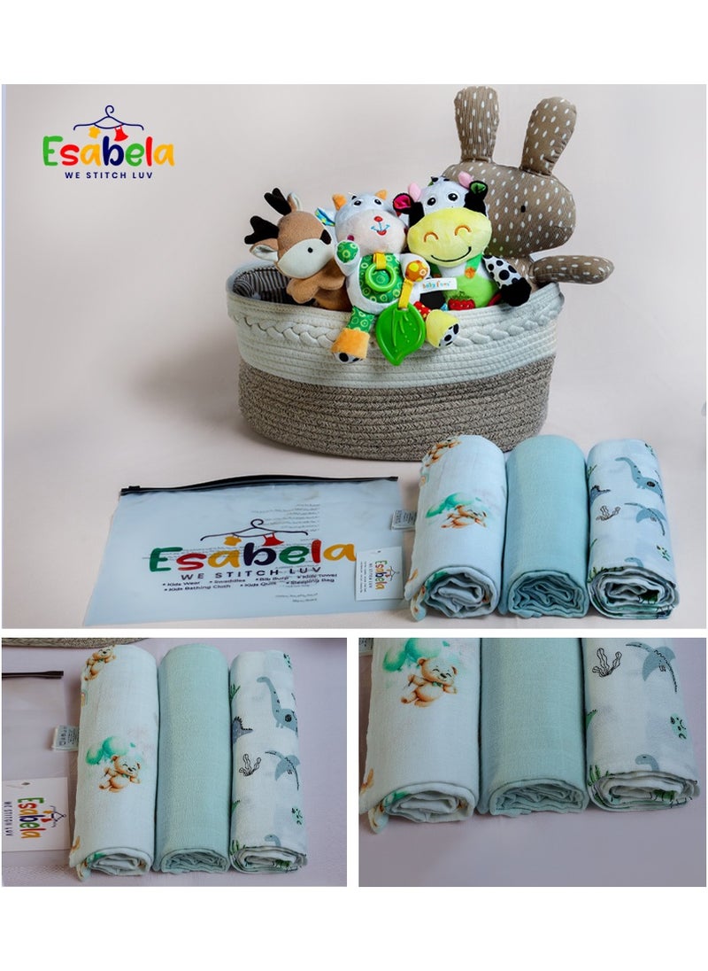 Baby Swaddle Set 3-Pieces Baby Cover, Soft & Breathable Baby Cloth, Perfect for Sleep & Cuddles, Multi-function Baby Blanket for Age 0+ months - Green Teddy/Dinosaur/Blue Solid Collections